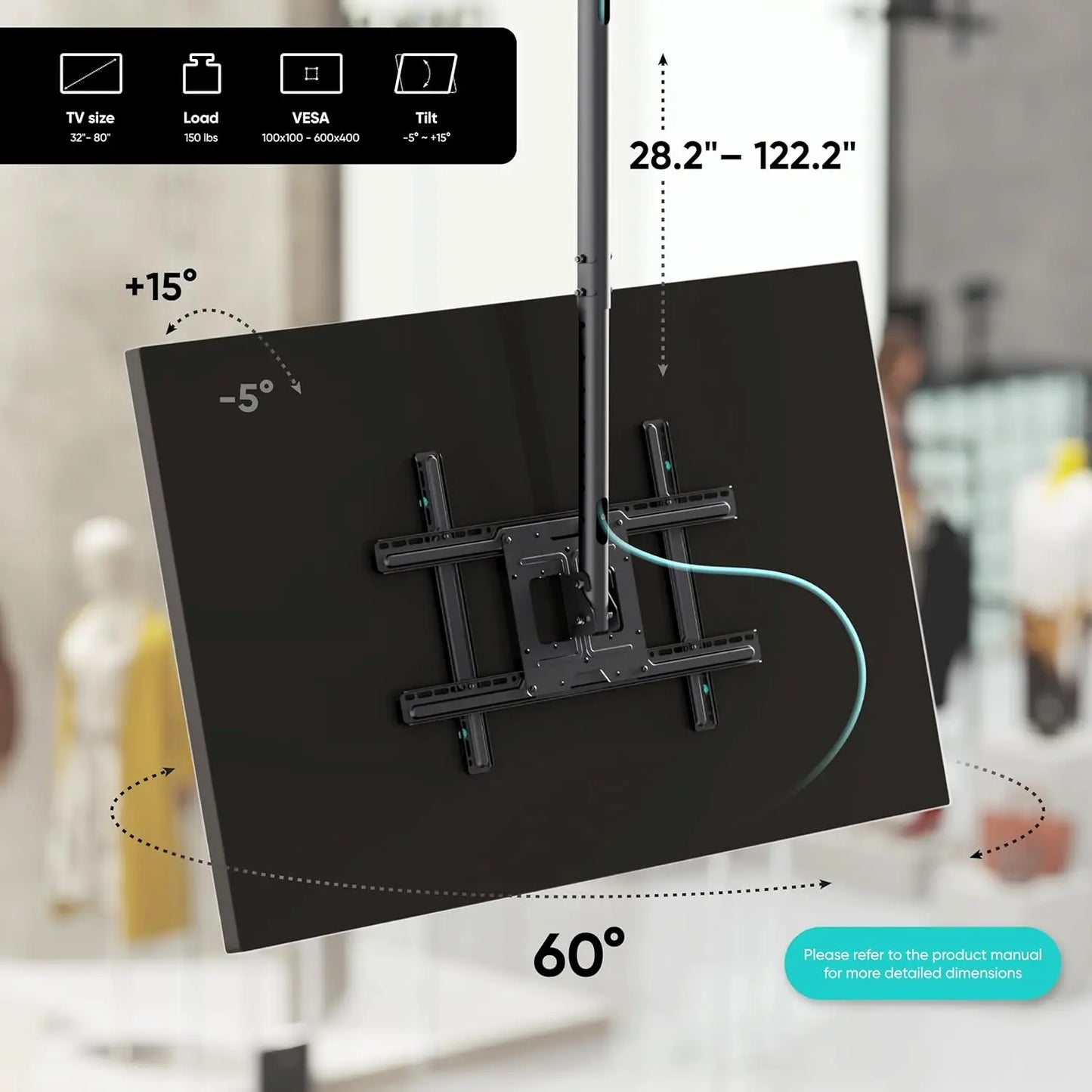 Ceiling TV Mount for 43–75 Inch TVs | Heavy Duty Adjustable Hanging TV Bracket