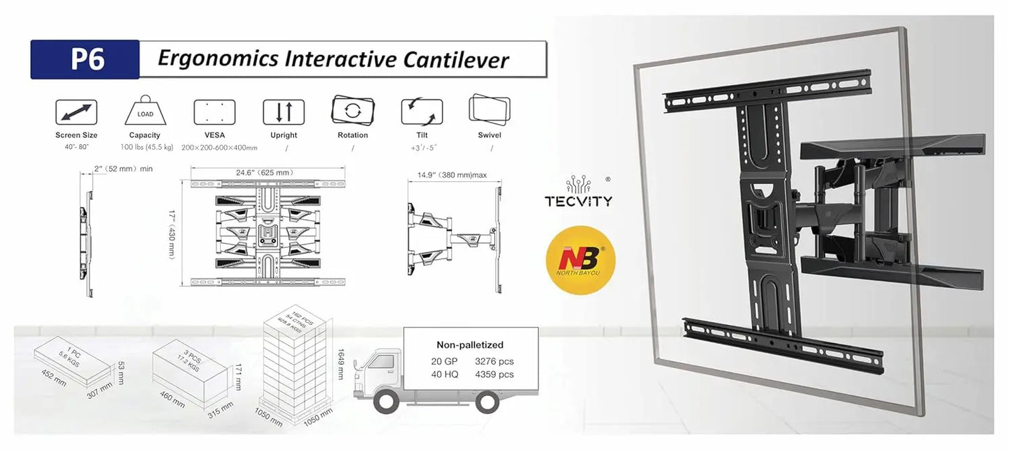 P6 Heavy Duty Adjustable TV Wall Mount for 43–80 Inch TVs | Tilt & Swivel Bracket