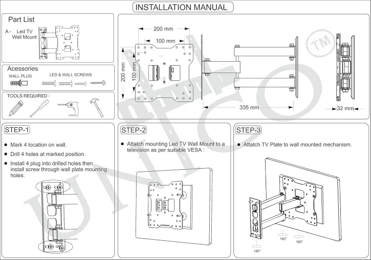 Adjustable Full Motion 32, 43 inches TV Wall Mount for LED/LCD/Smart TVs/Monitors