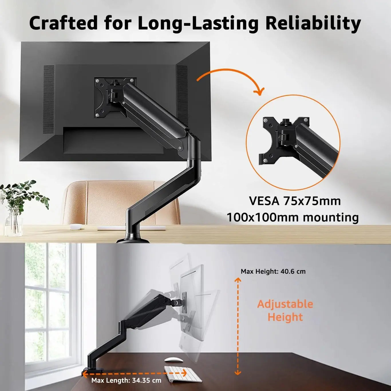Premium Gas Spring Single Monitor Arm Desk Mount for 17-32 Inch Screens