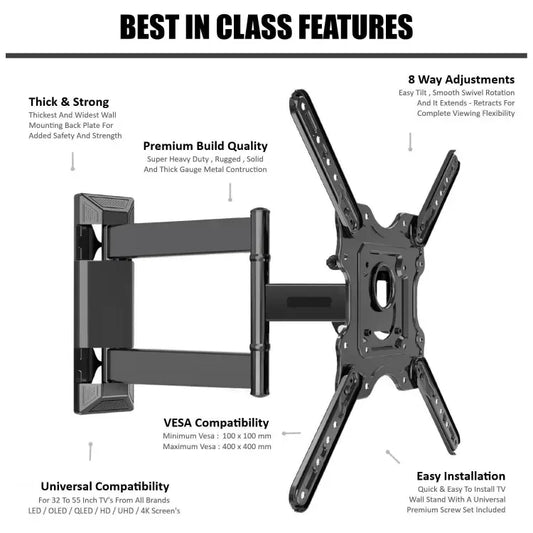Full Motion TV Wall Mount (32–55 Inch) | Swivel & Tilt | Heavy Duty| 1 Year Warranty